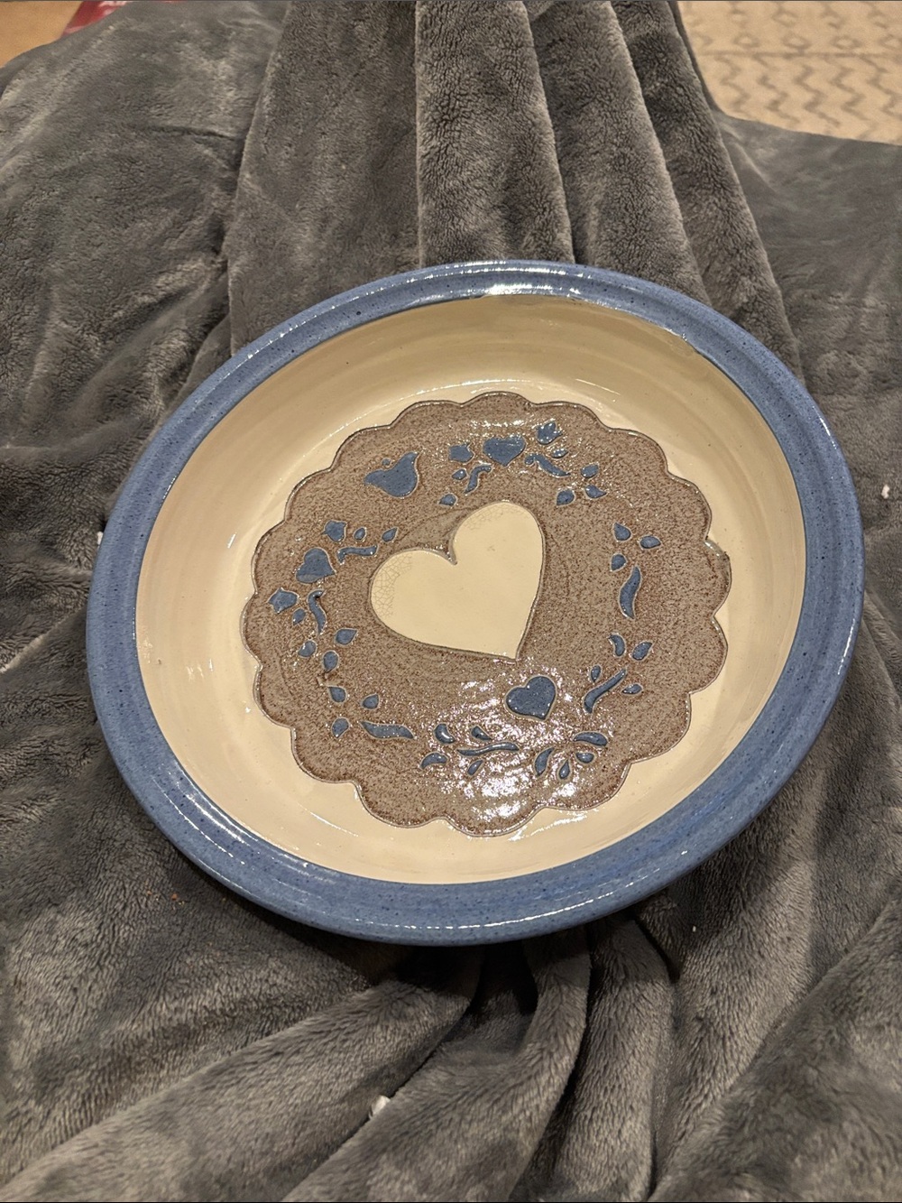 1986 vintage clay city pottery Handcrafted Ceramic Heart Bowl in Blue and Cream
